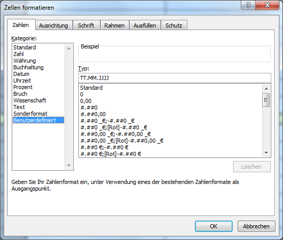 Dialogfeld Benutzerdefiniert Zellen formatieren