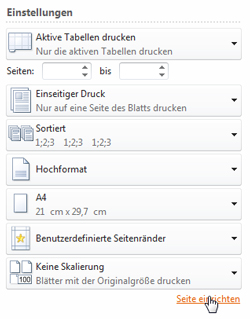 Menü Seite einrichten in MS Excel