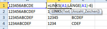 Eingabe der Funktion links und rechts in Excel