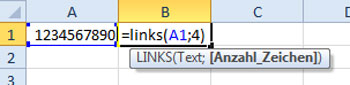 Eingabe der links Funktion in Excel