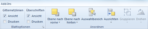 Zweiter Teil des Excel Menüs Seitenlayout