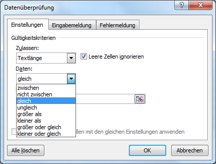 Datenüberprüfung Textlänge Zelle