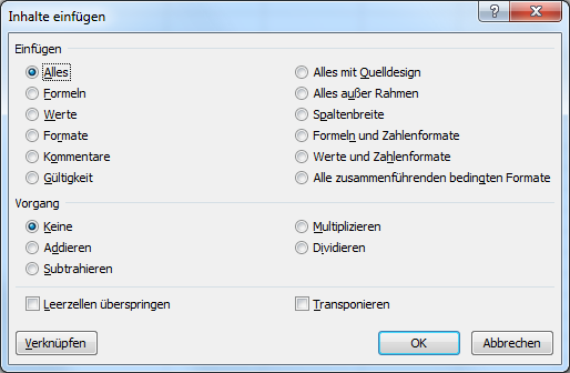 Dialogfenster Inhalte einfügen in Excel - Drehen und Transponieren von Excel Tabellen