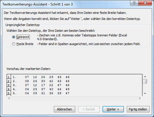 Text in Spalten aufteilen Schritt 1