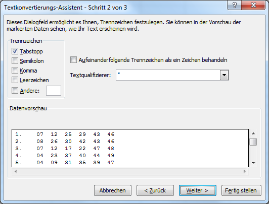 Text in Spalten aufteilen Schritt 2