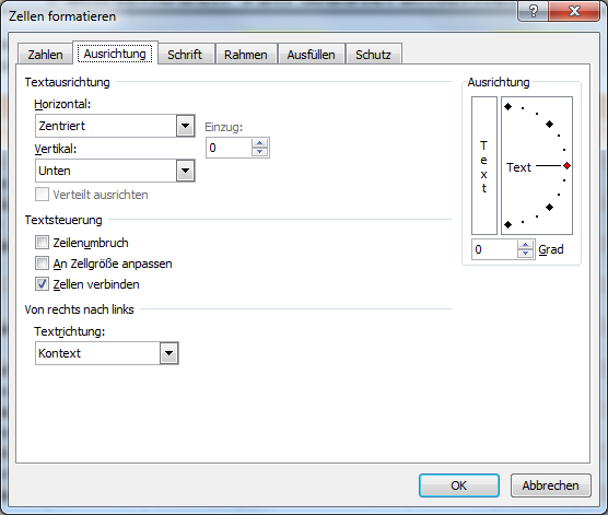 Dialogfenster Zellen formatieren zur Verbindung von Zellen in Excel