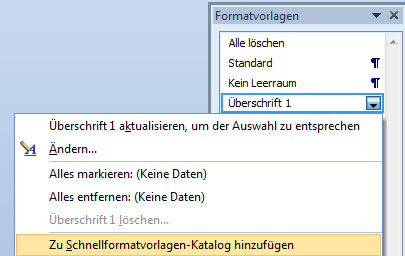 Formatvorlagen zu Schnellformatvorlagen Katalog in Word hinzufügen