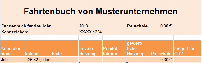 Kopf Excel Tabelle kostenloses Fahrtenbuch