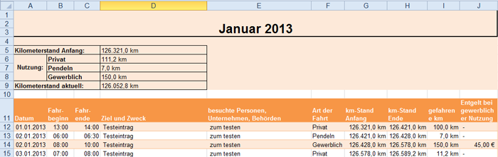Monatsansicht kostenlose Fahrtenbuch Vorlage in Excel