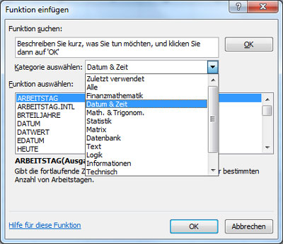 Auswahl von Datums- und Zeitfunktionen in Excel