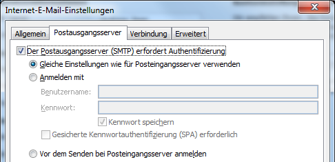 Einstellungen für den Postausgangsserver eines Outlook Kontos