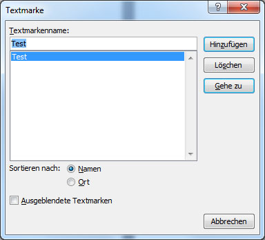 Erstellen von Textmarken in Word