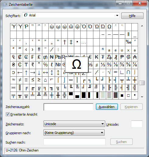 Aufruf der Windows Zeichentabelle