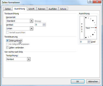Zeilenumbruch bei Excel 2010 einfügen